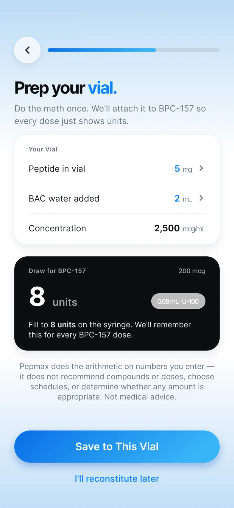 Pepmax reconstitution calculator showing the units to draw for a vial